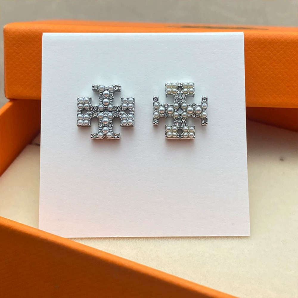 Tory Burch Gold Plated Double Micro Pave Cross Stud Earrings - Picture 7 of 7